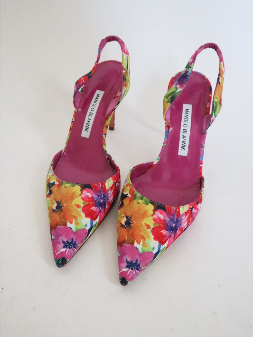 Manolo Blahnik Multicolor Floral Pointed-Toe Slingback Pumps with Pink Insole